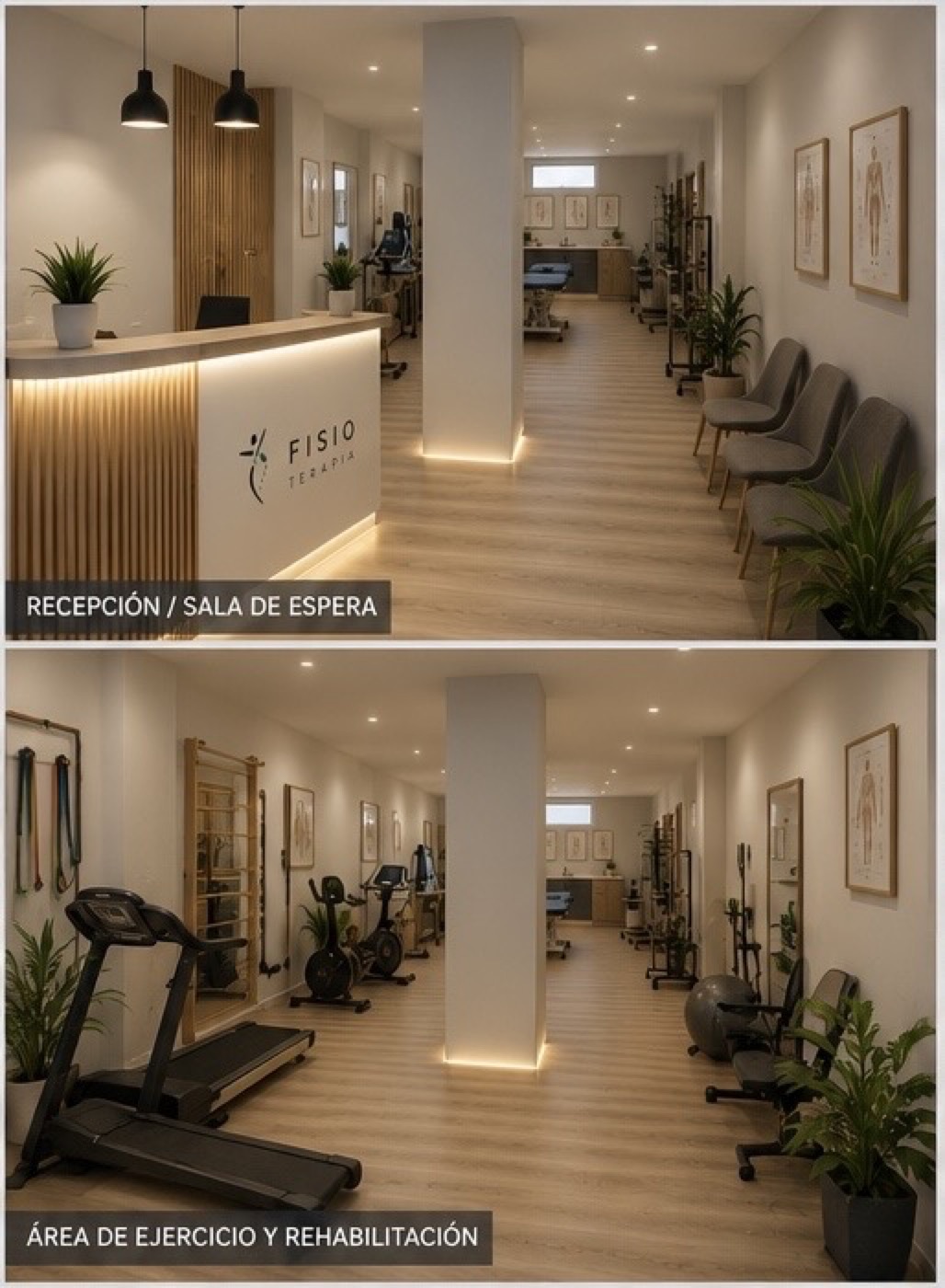 Render conceptual: recepción y área de ejercicio