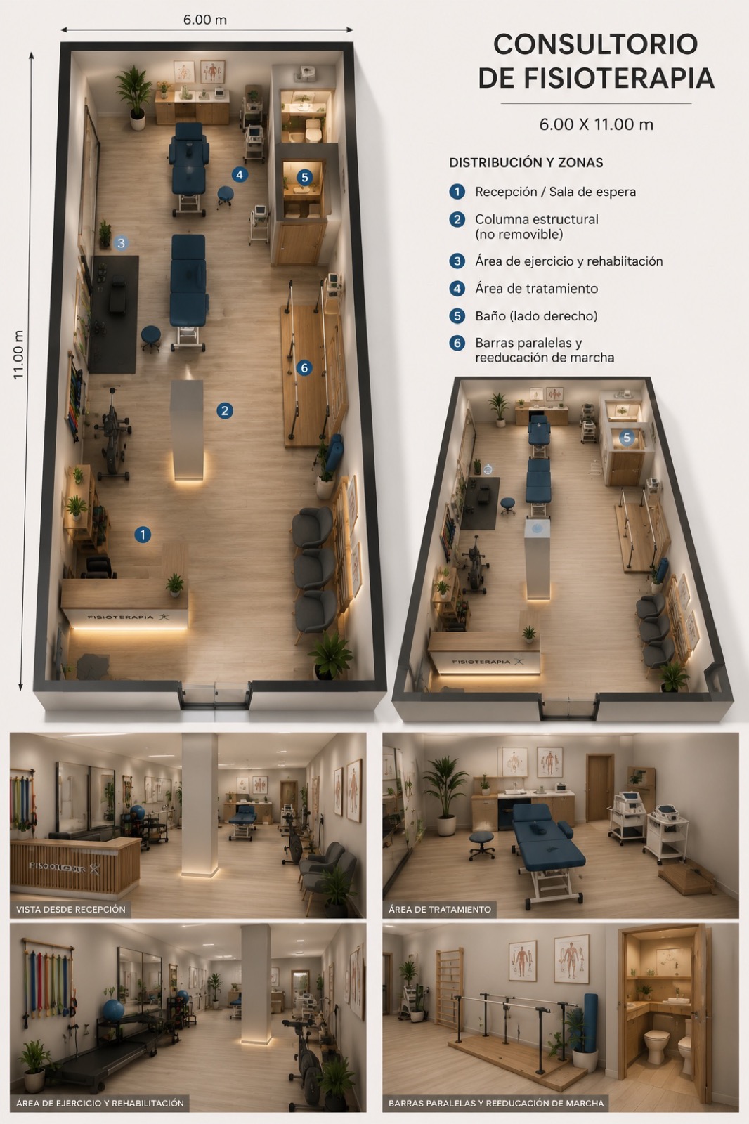 Render conceptual: plano de consultorio de fisioterapia 6x11m